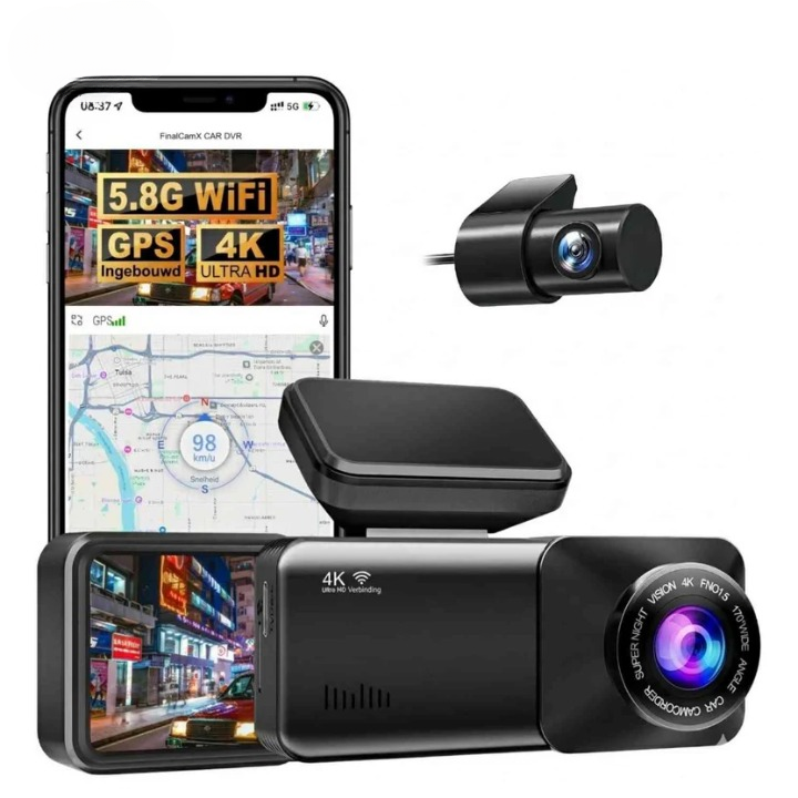 Dual-Lens 4K Dash Camera with GPS and WiFi Connectivity