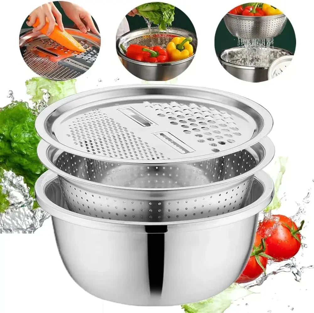 Stainless Steel Mixing Bowl Set with Sieve and Grater – 3 Pieces
