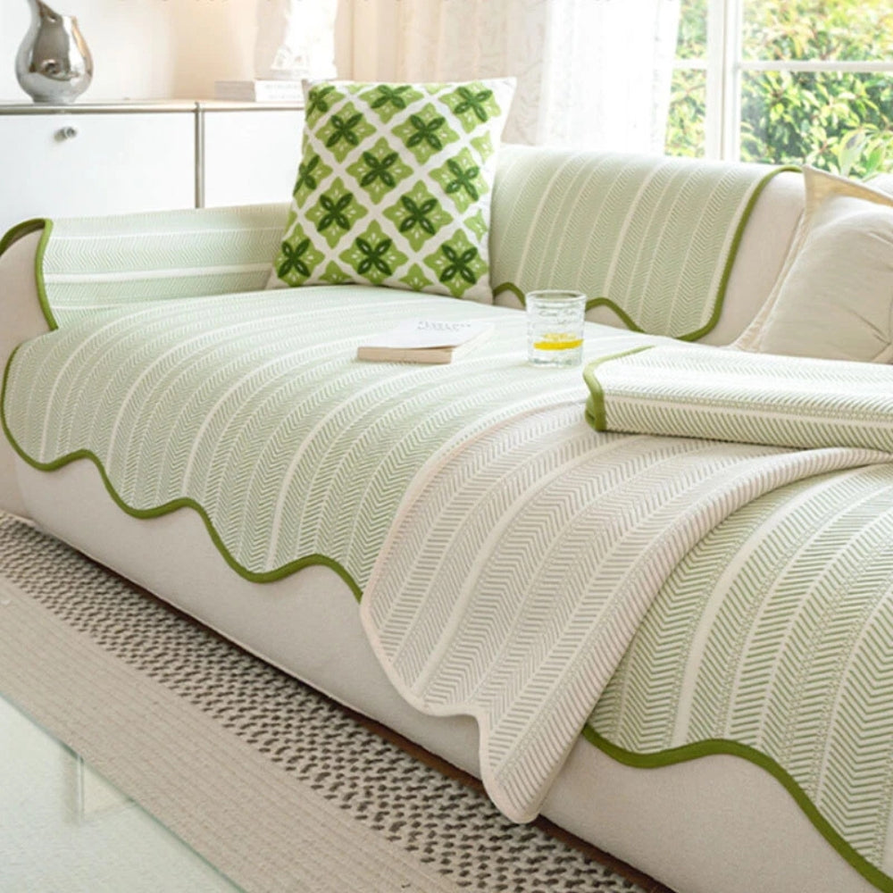 Chic Herringbone Slipcover with Stylish Scalloped Trim