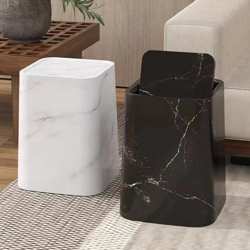 Dual-Compartment Waste Bin with Swing Lid – Stylish Marble-Style Trash Can for Home and Office