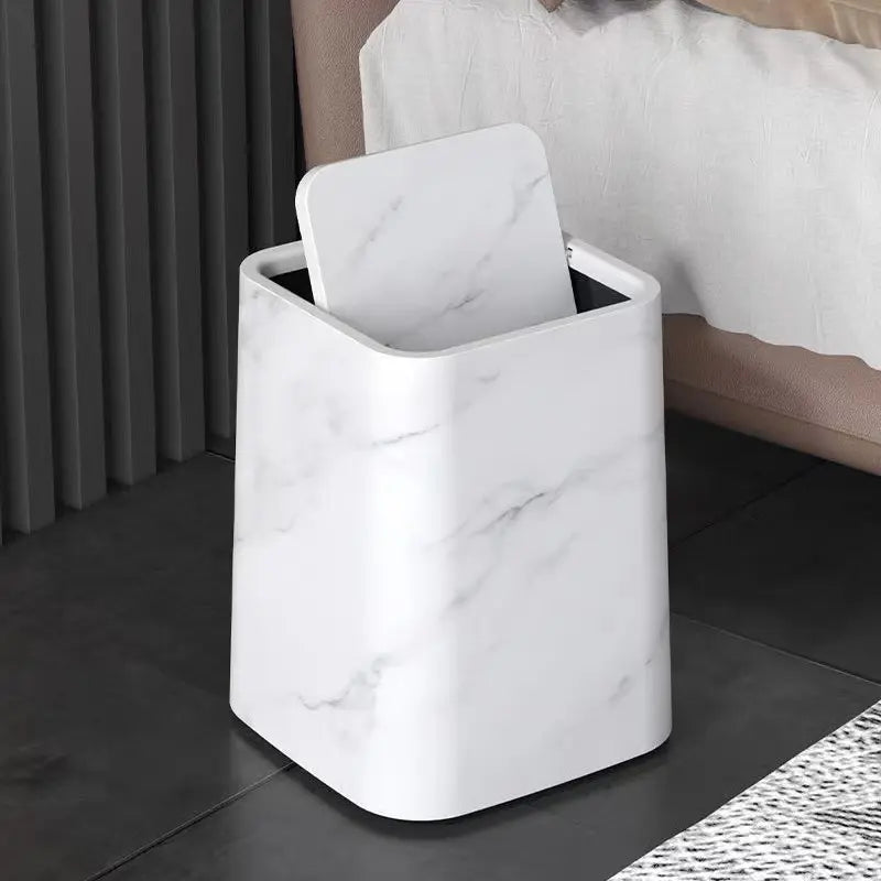 Dual-Compartment Waste Bin with Swing Lid – Stylish Marble-Style Trash Can for Home and Office