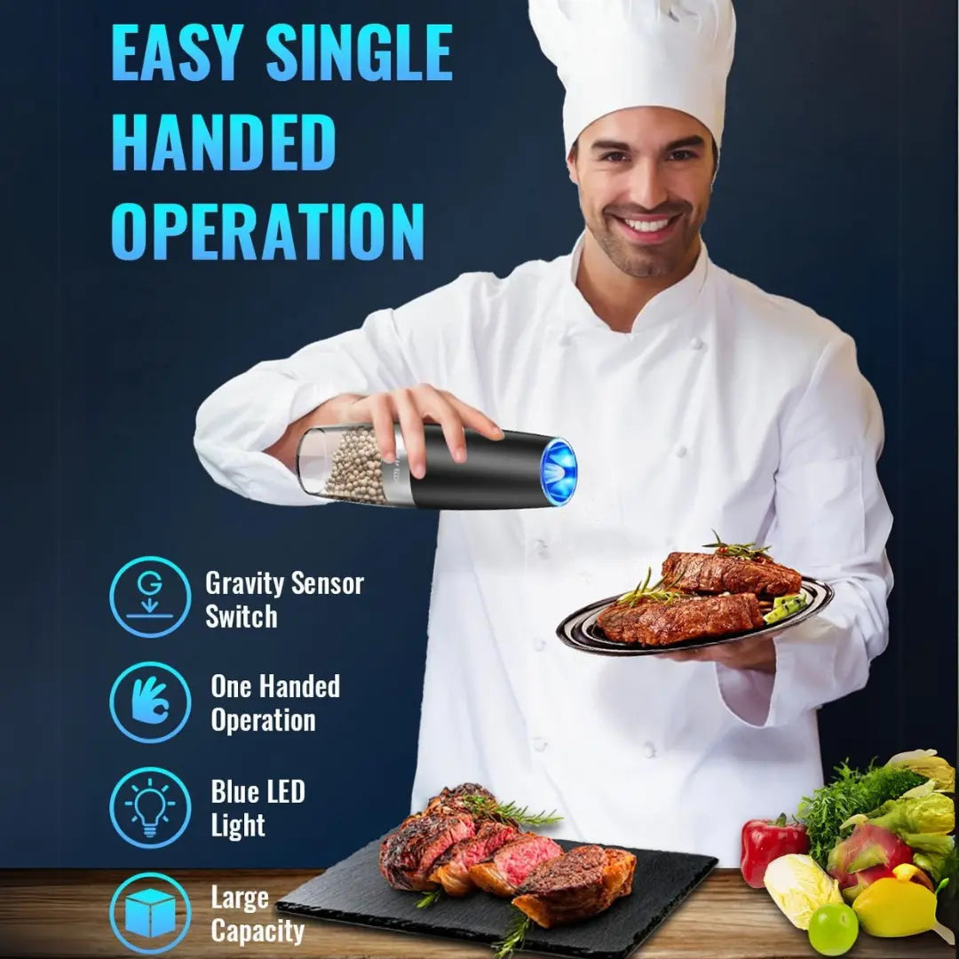 Electric Salt and Pepper Mill Set – Rechargeable, LED Light, Easy One-Hand Use
