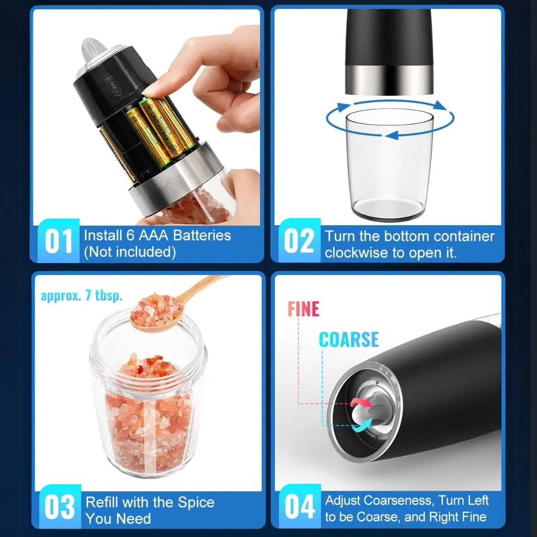 Electric Salt and Pepper Mill Set – Rechargeable, LED Light, Easy One-Hand Use