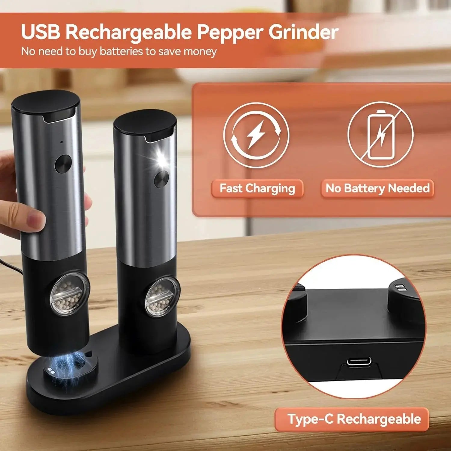 Spice Grinder Duo with 5 Grinding Settings and USB-C Charging Station