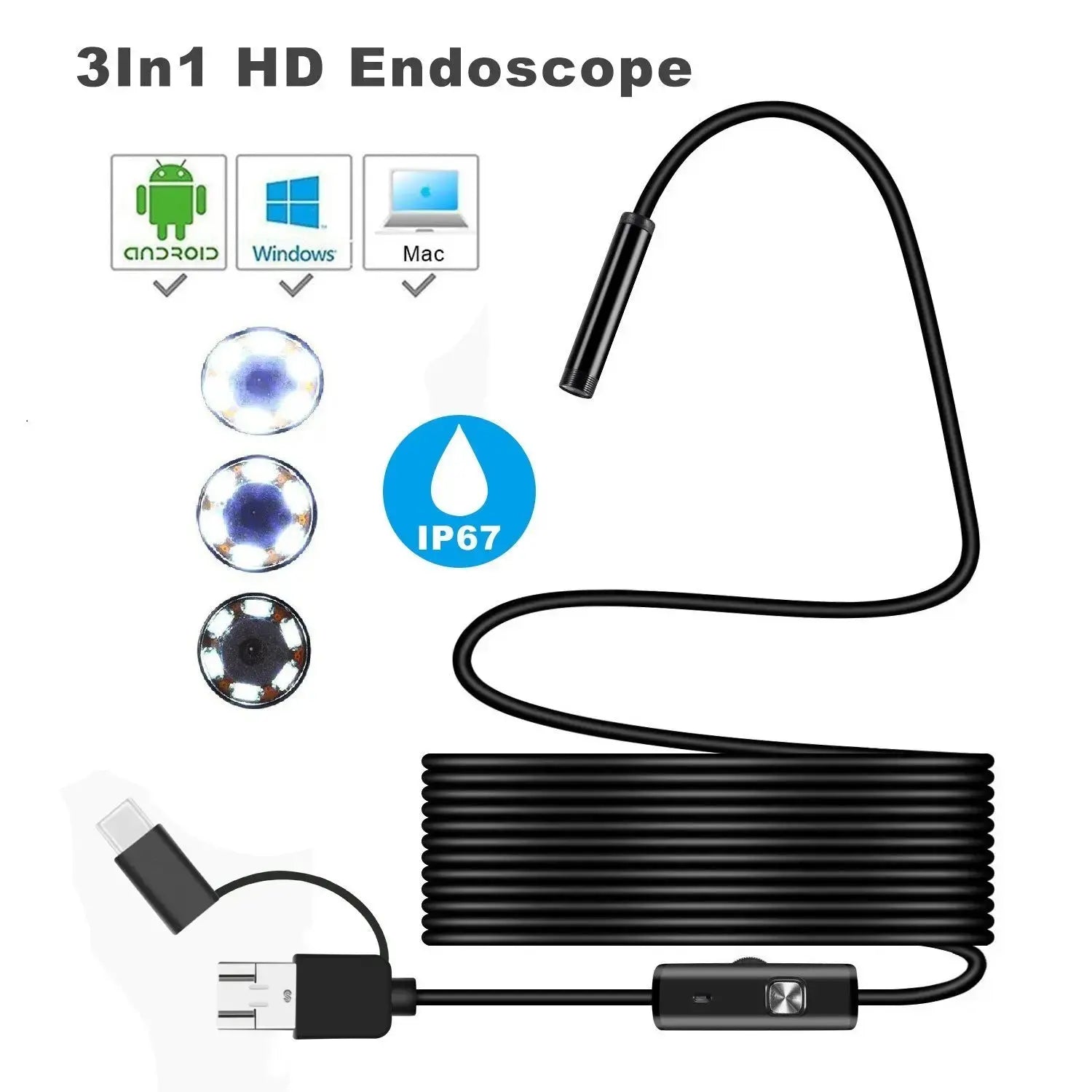 Waterproof Inspection Camera with LED Light - HD Endoscope