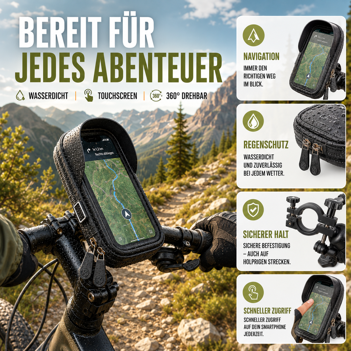 Touchscreen Bicycle Phone Mount for Devices Up to 6.4 Inches - Waterproof