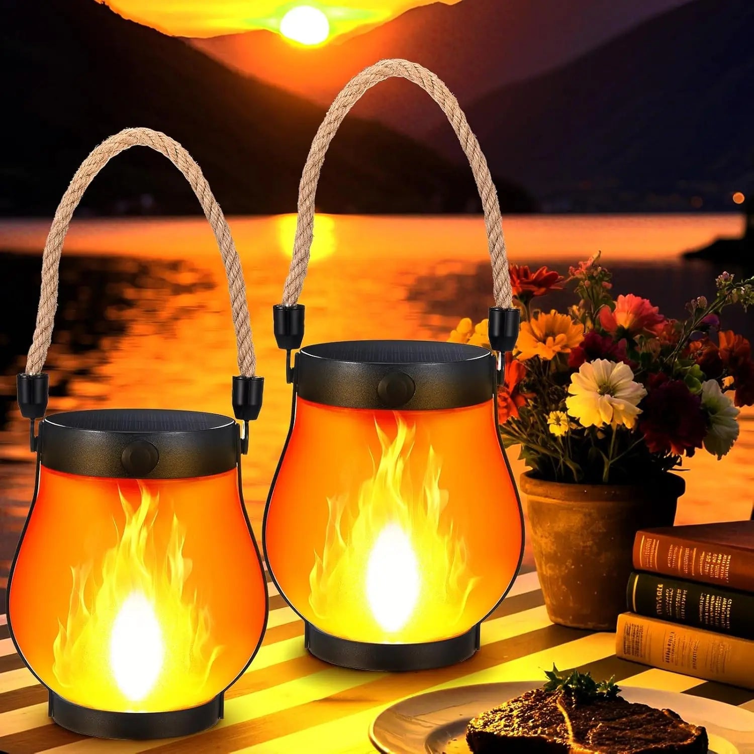 Flickering LED Solar Lantern – Weather-Resistant with USB Backup