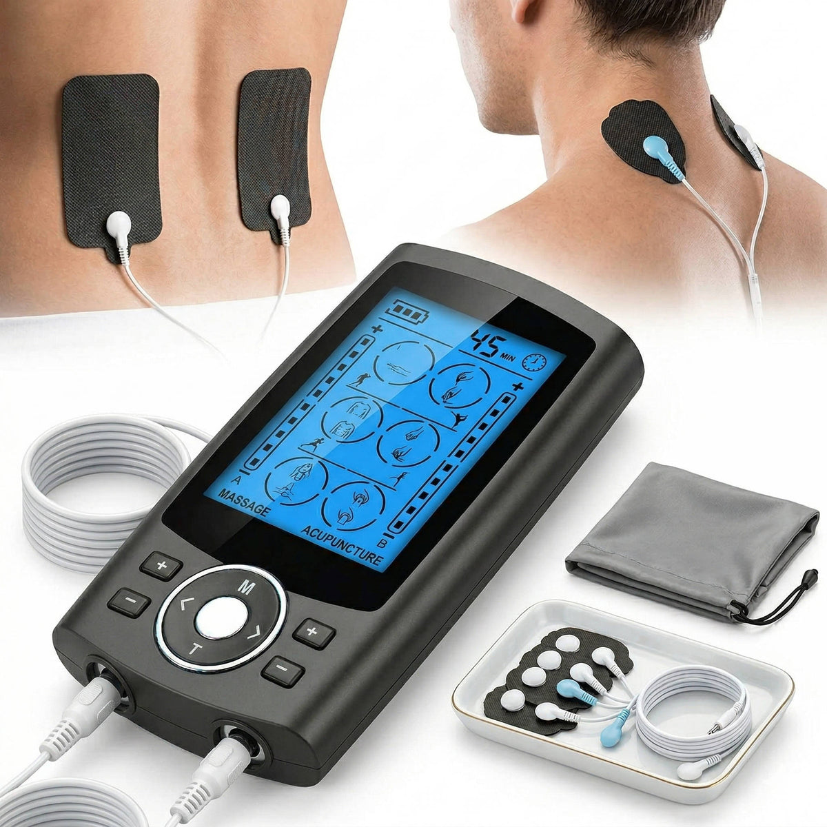 Dual Channel Muscle Stimulator with 10 Electrode Pads and 24 Modes