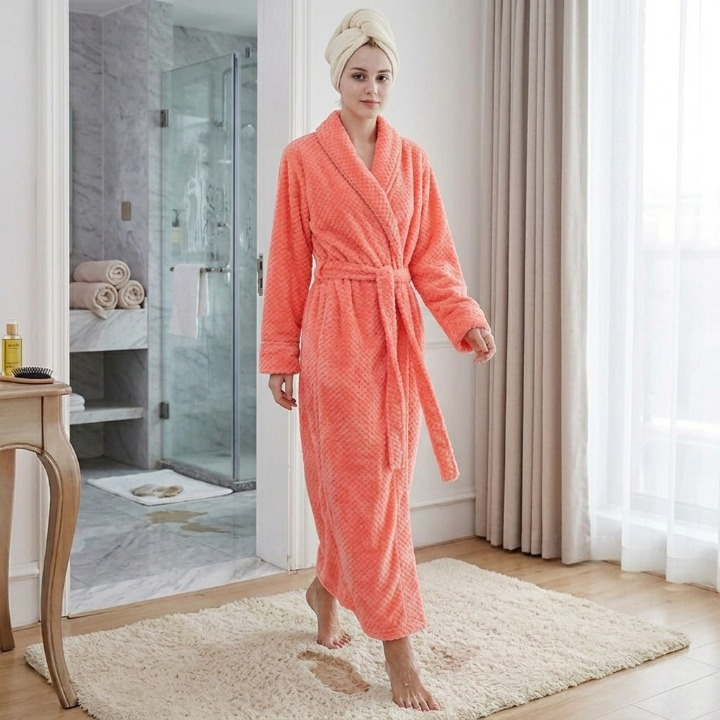 Soft and Warm Fleece Bathrobe with Shawl Collar for Home Relaxation