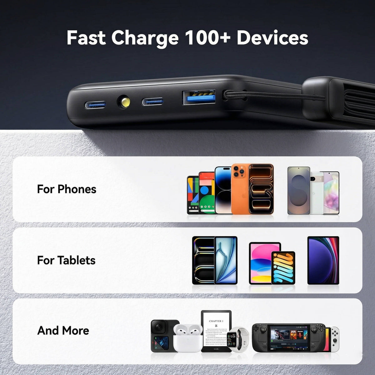Portable 10000mAh Power Bank with 45W Output and Integrated USB-C Cable