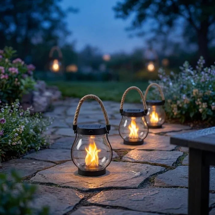 Weatherproof Solar Lantern with Flame Effect – 8-Hour Light & USB-C Charge