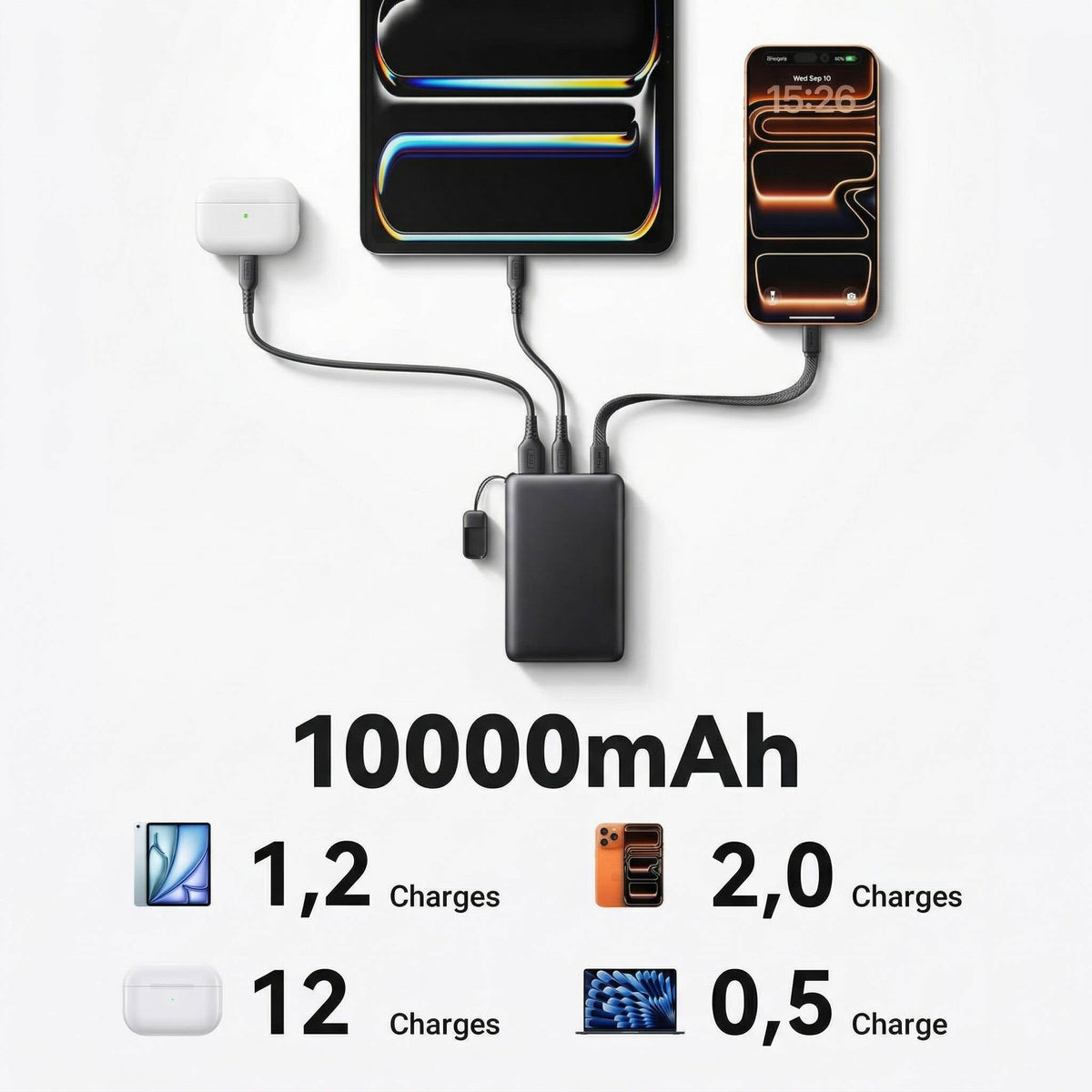 Portable 10000mAh Power Bank with 45W Output and Integrated USB-C Cable