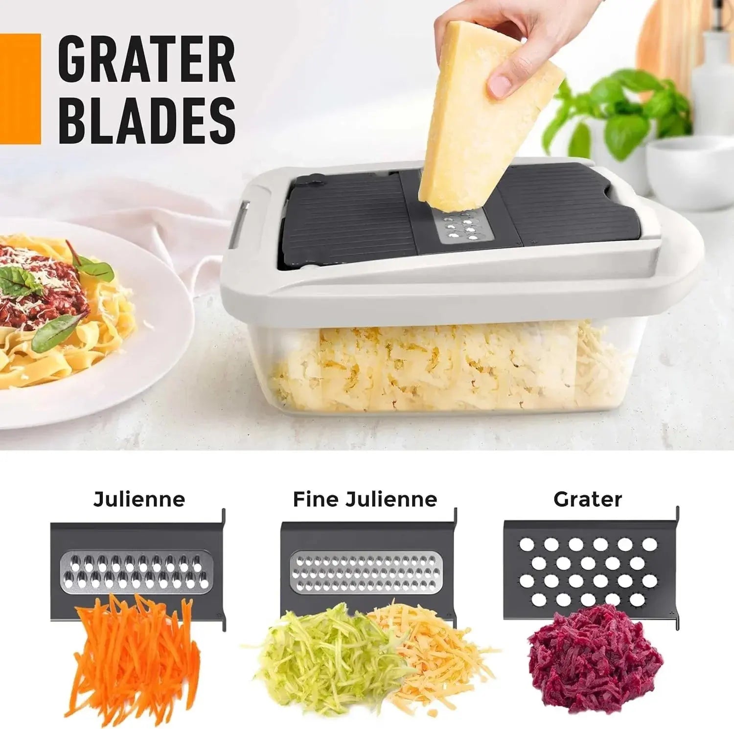Vegetable Cutter with Safety Holder and Catch Container – Dicing, Slicing, and Grating