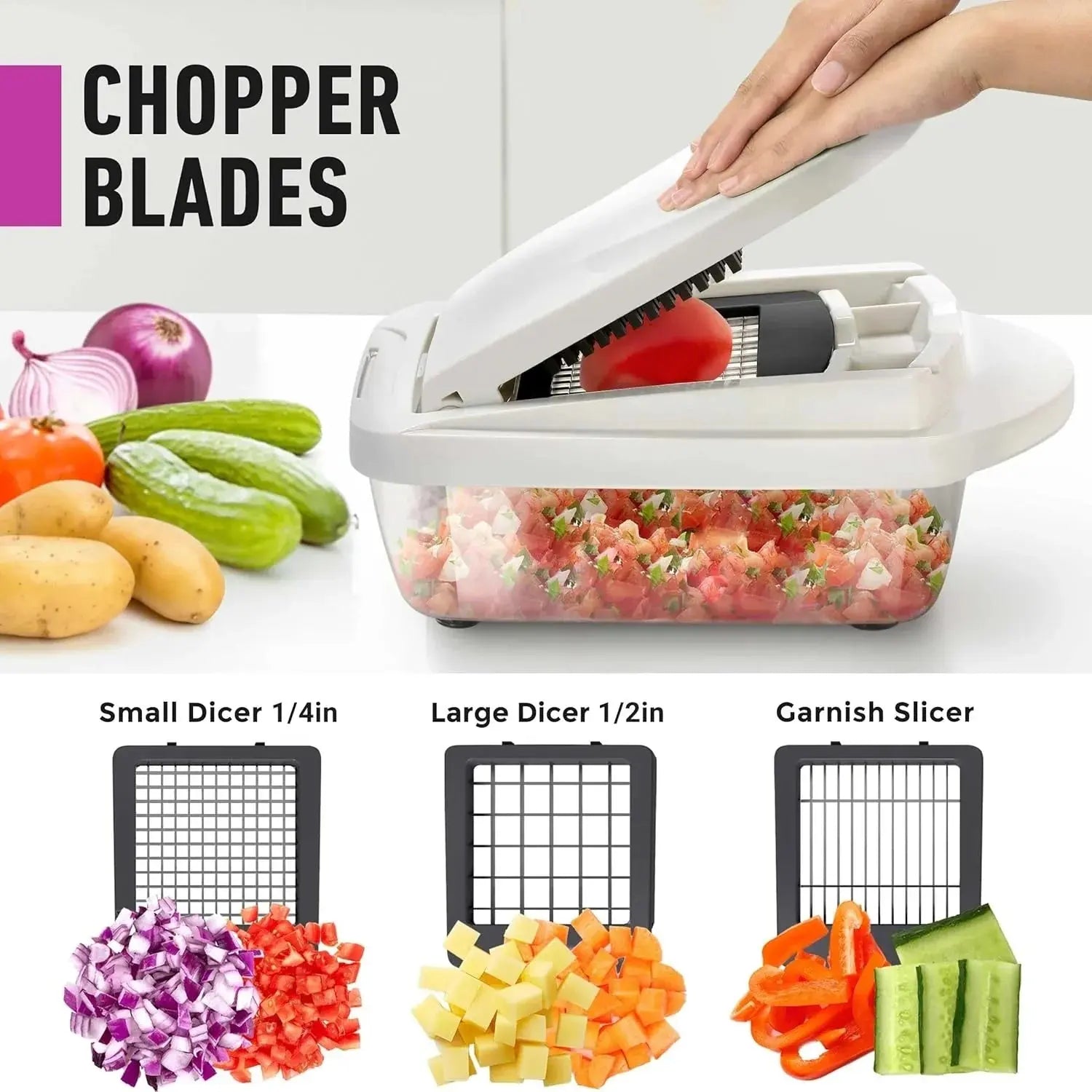 Vegetable Cutter with Safety Holder and Catch Container – Dicing, Slicing, and Grating