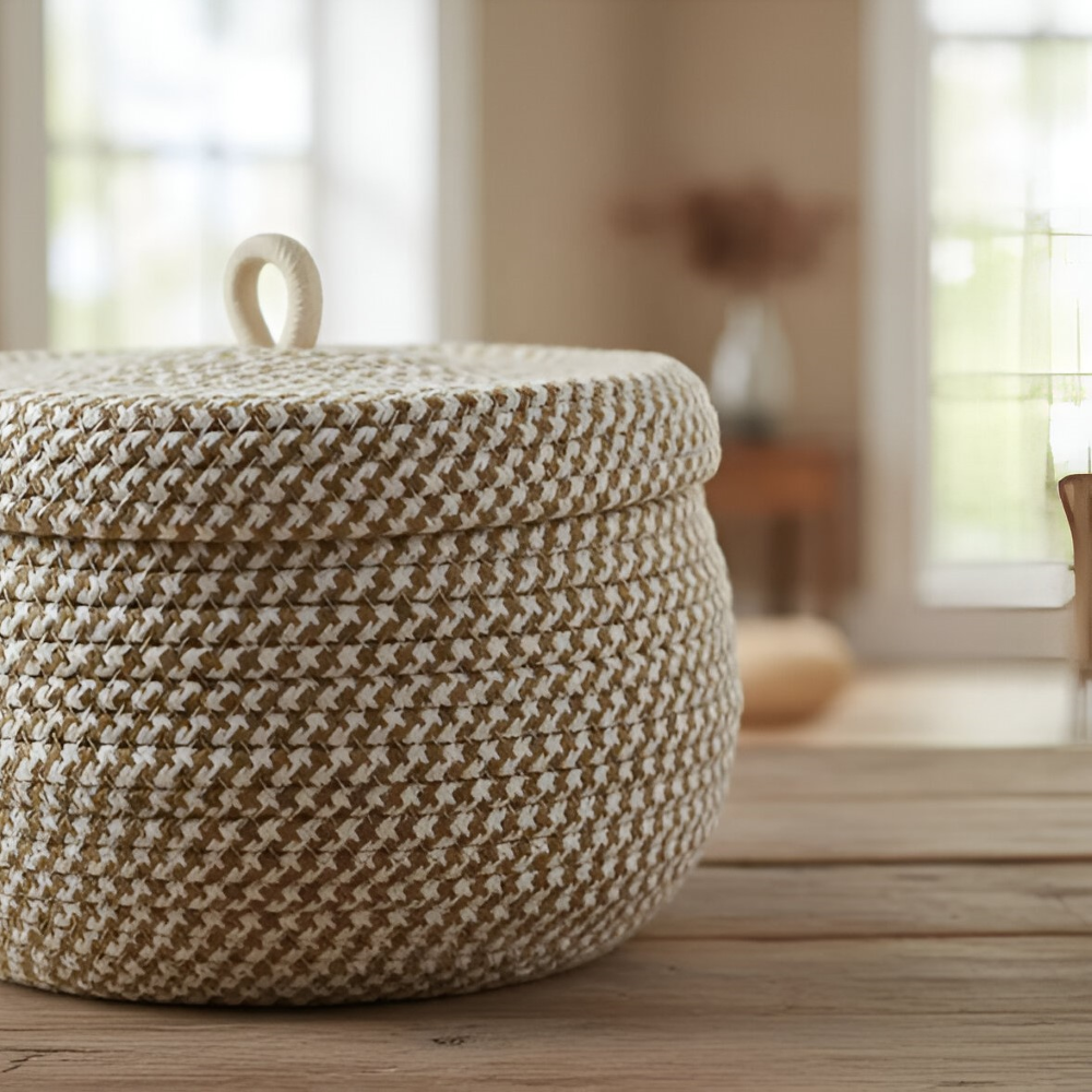 Woven Storage Basket | Round Boho Basket | Handcrafted Home Organizer