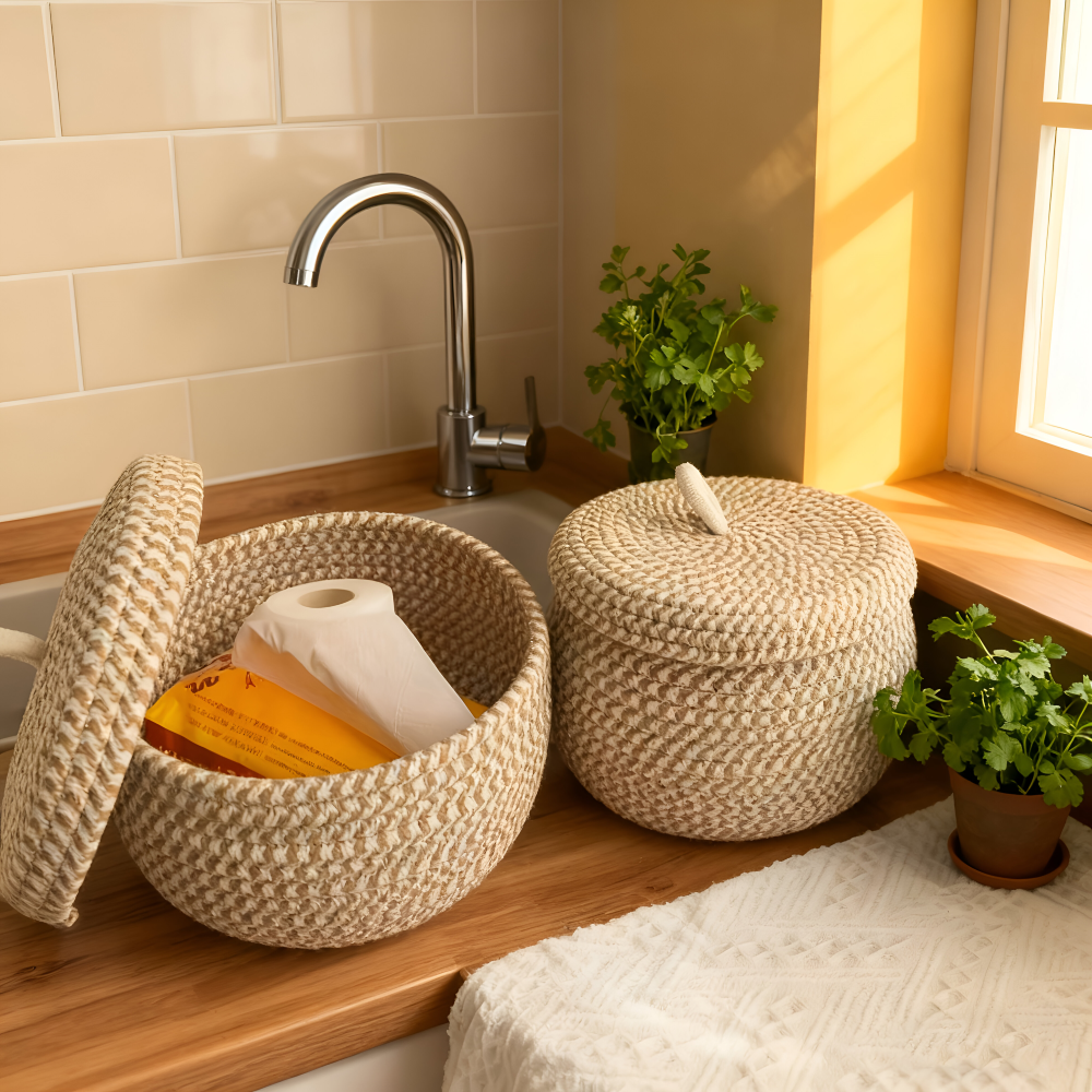 Woven Storage Basket | Round Boho Basket | Handcrafted Home Organizer