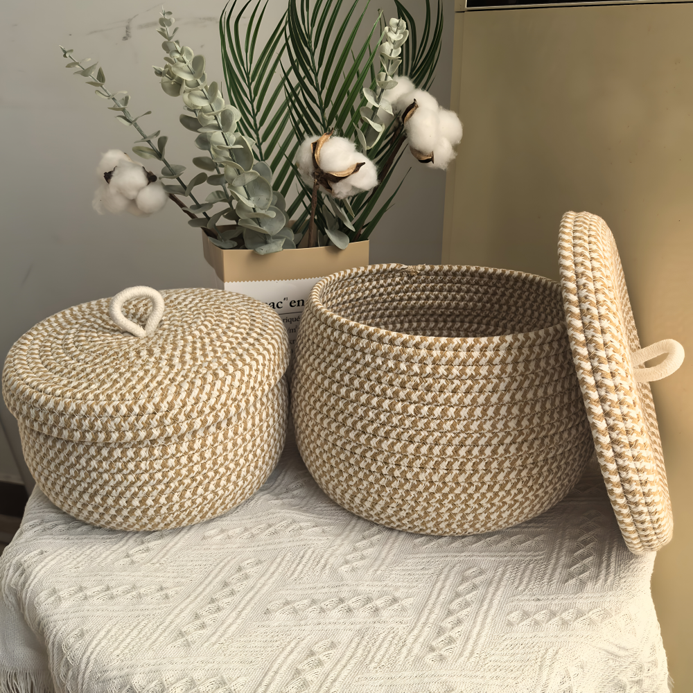 Woven Storage Basket | Round Boho Basket | Handcrafted Home Organizer