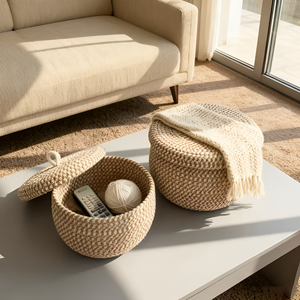 Woven Storage Basket | Round Boho Basket | Handcrafted Home Organizer
