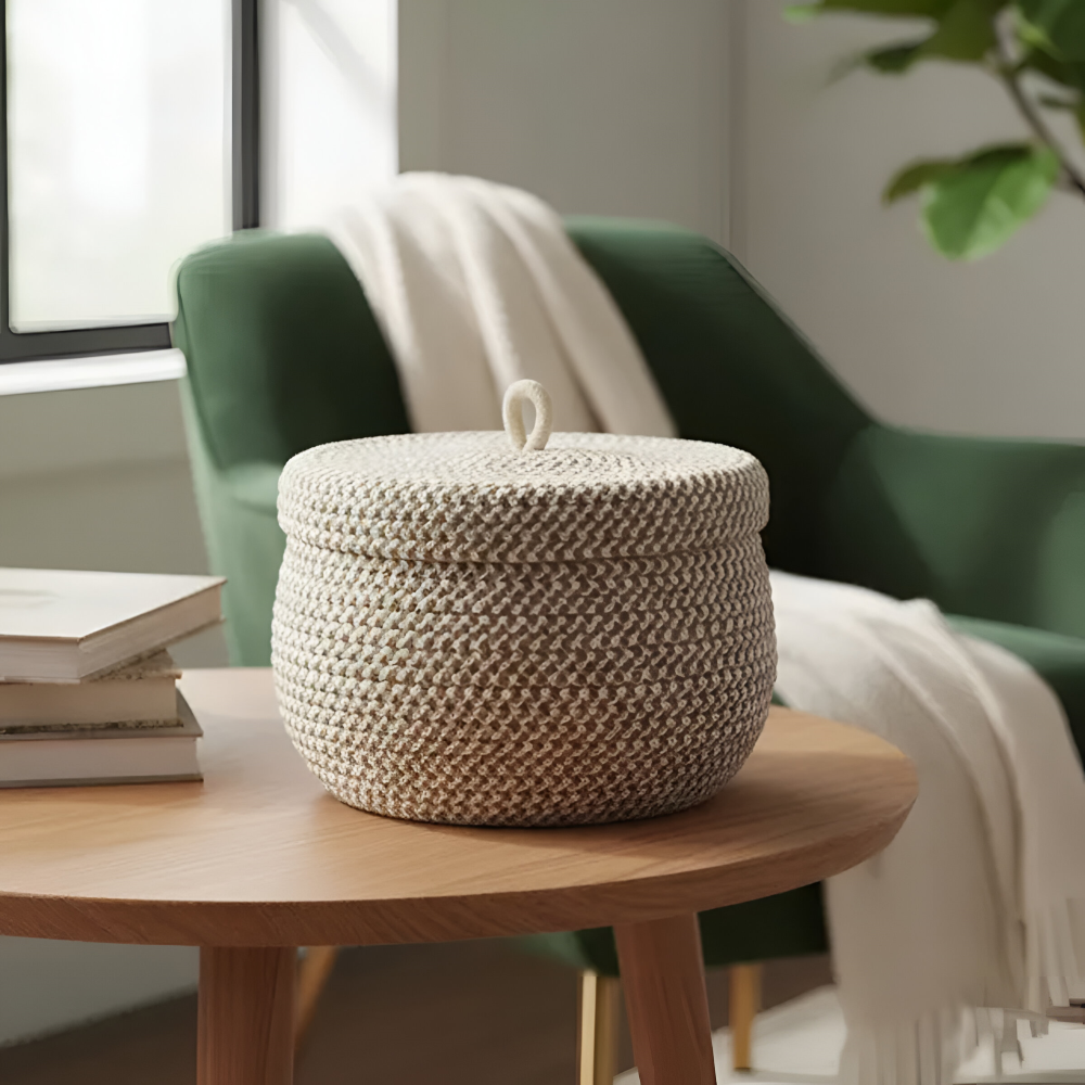 Woven Storage Basket | Round Boho Basket | Handcrafted Home Organizer