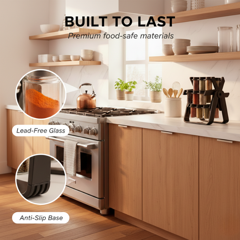 Spice Rack with Rotating Design | Foldable Stand | Glass Containers