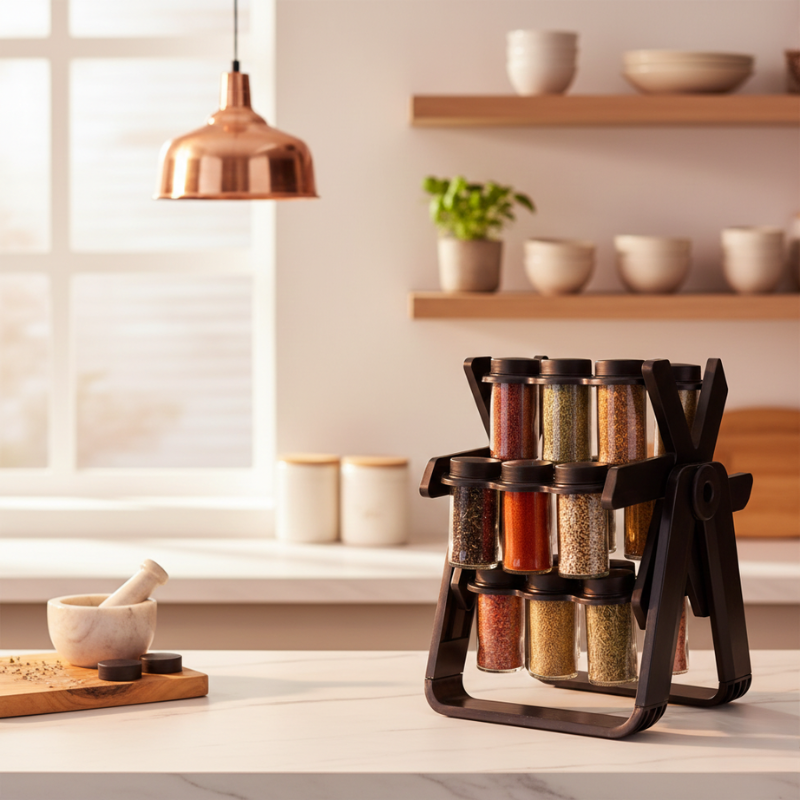 Spice Rack with Rotating Design | Foldable Stand | Glass Containers