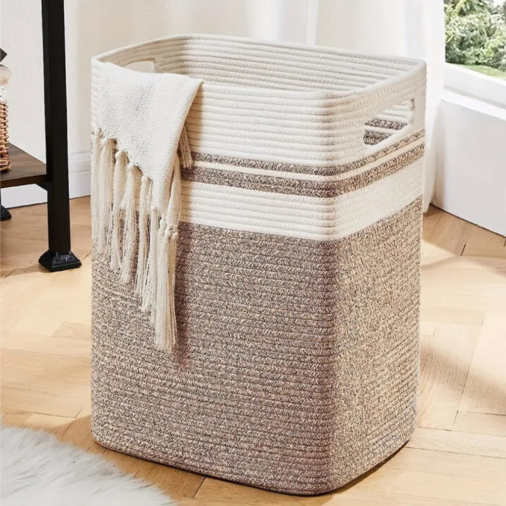 Spacious Woven Laundry Basket in Cotton Rope with Carrying Handles