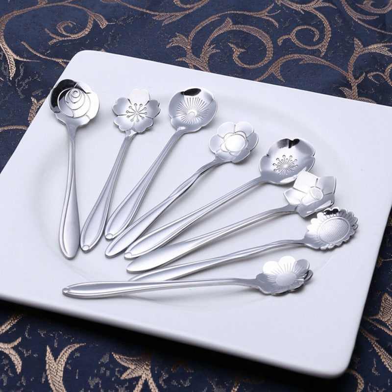 8-Piece Set of Floral Handle Design Stainless Steel Teaspoons