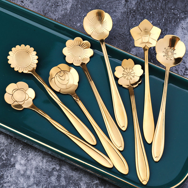 8-Piece Set of Floral Handle Design Stainless Steel Teaspoons