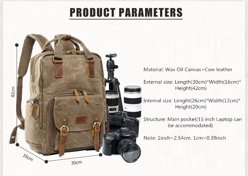 Water-Resistant Waxed Canvas Backpack for DSLR and 15-Inch Laptop