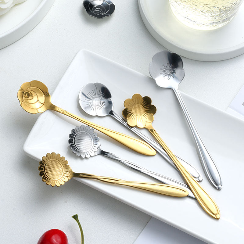 8-Piece Set of Floral Handle Design Stainless Steel Teaspoons