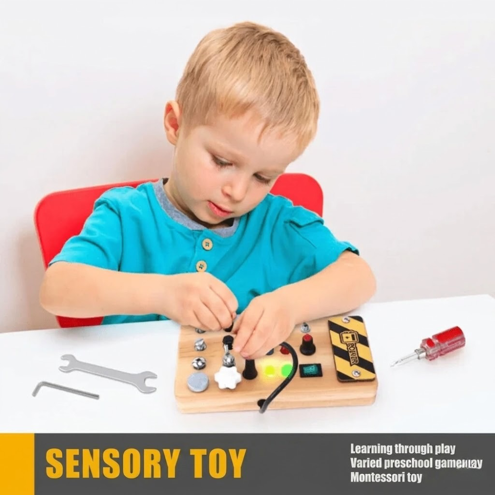 Wooden Sensory Activity Board with LED Lights – Montessori Busy Board Toy