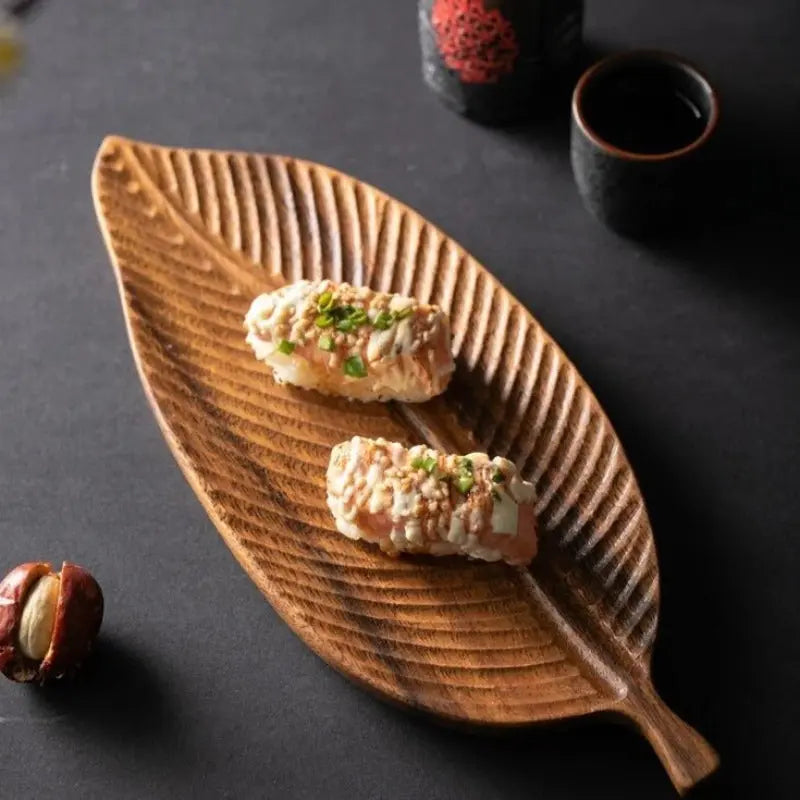 Decorative Tray with Handle – Wooden Leaf Design Serving Platter