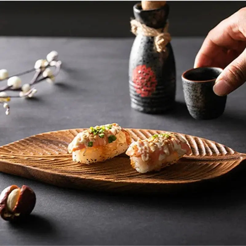 Decorative Tray with Handle – Wooden Leaf Design Serving Platter