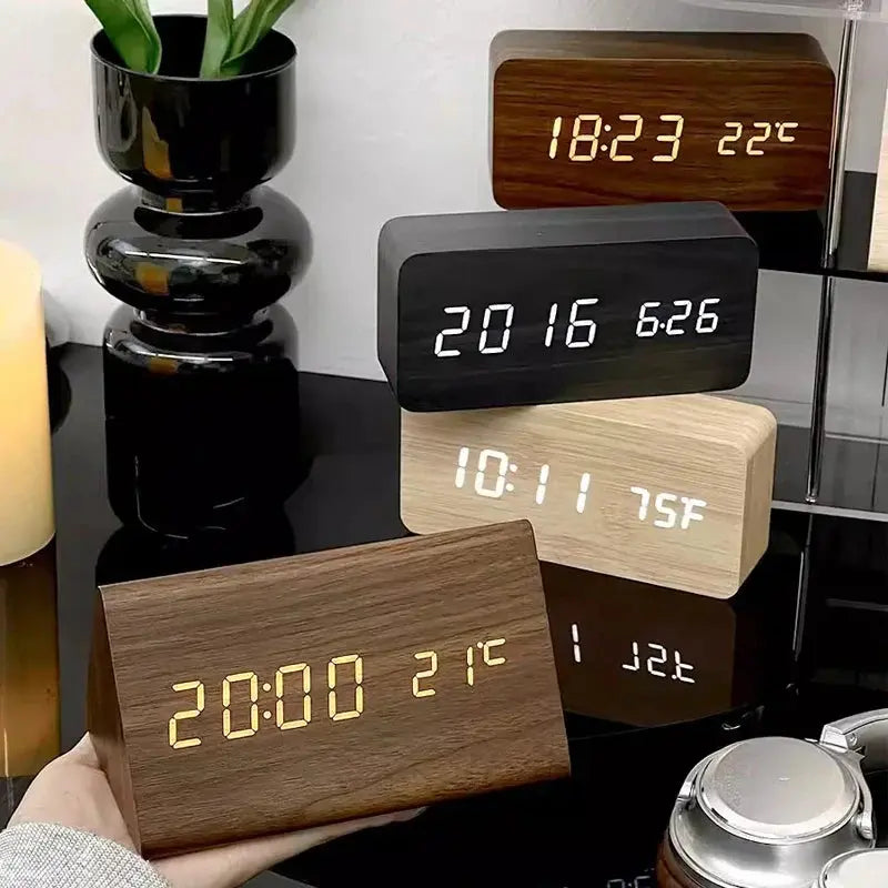 Wooden-Style LED Clock – Displays Time and Temperature Clearly