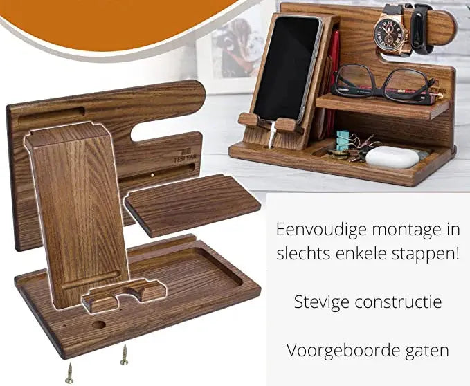 Desk Organizer in Wood – Holder for Phone, Glasses & Watch