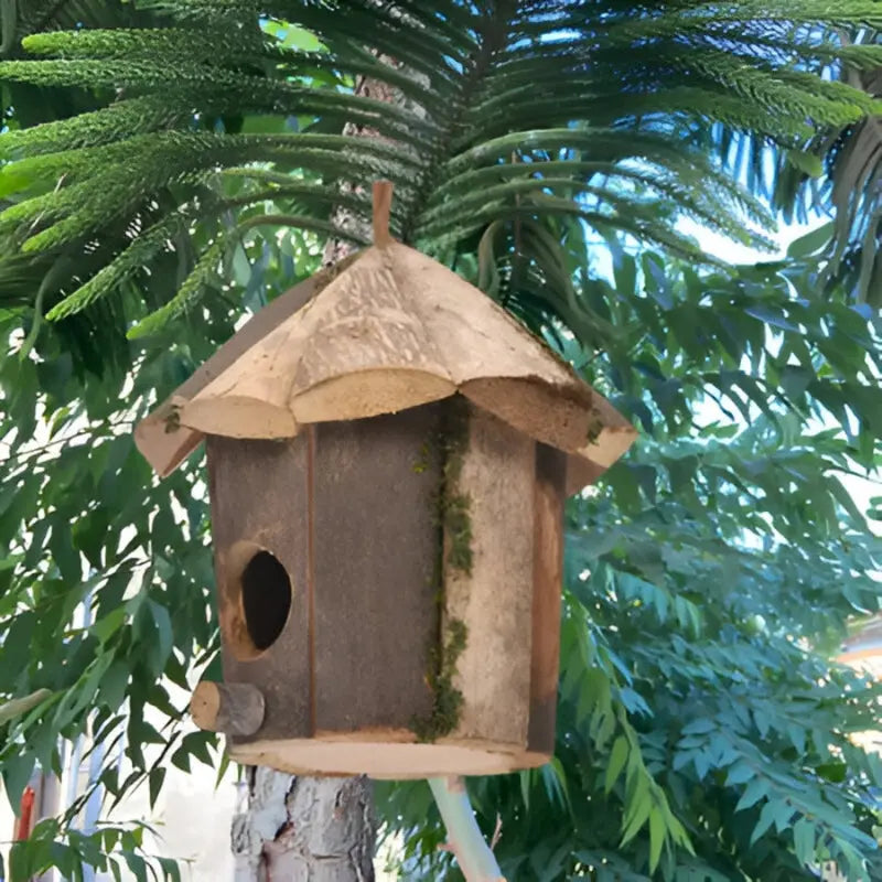Cabin-Shaped Wooden Birdhouse with Hanging Strap – Natural Brown