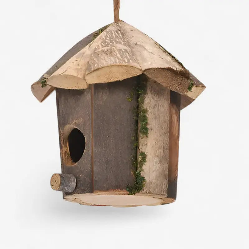 Cabin-Shaped Wooden Birdhouse with Hanging Strap – Natural Brown