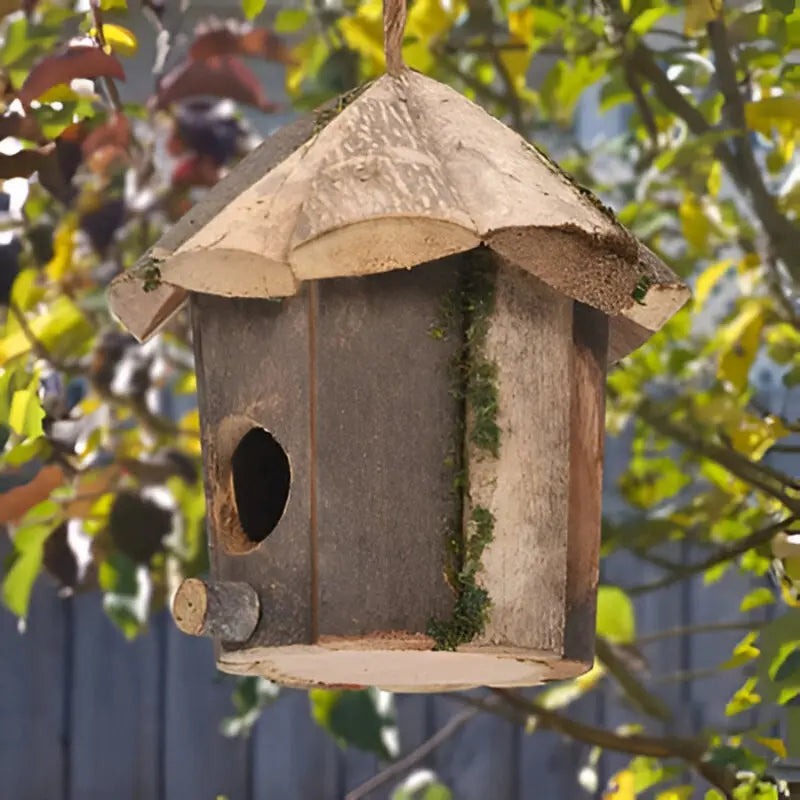 Cabin-Shaped Wooden Birdhouse with Hanging Strap – Natural Brown