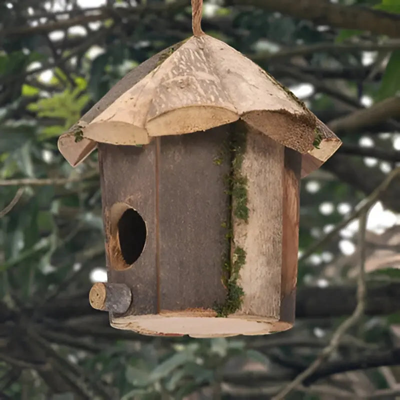 Cabin-Shaped Wooden Birdhouse with Hanging Strap – Natural Brown