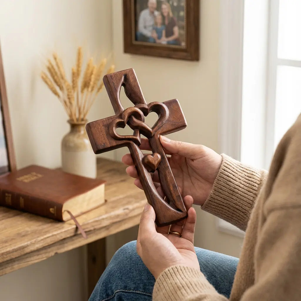 Hand-Carved Heart-Cross Wall Art - Easy to Hang Decor