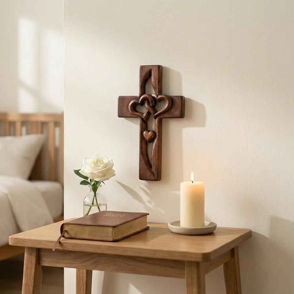 Hand-Carved Heart-Cross Wall Art - Easy to Hang Decor