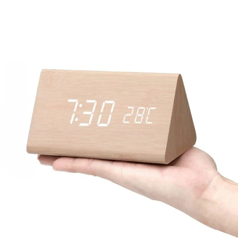 Wooden LED Desk Clock with Voice Control and Temperature Display