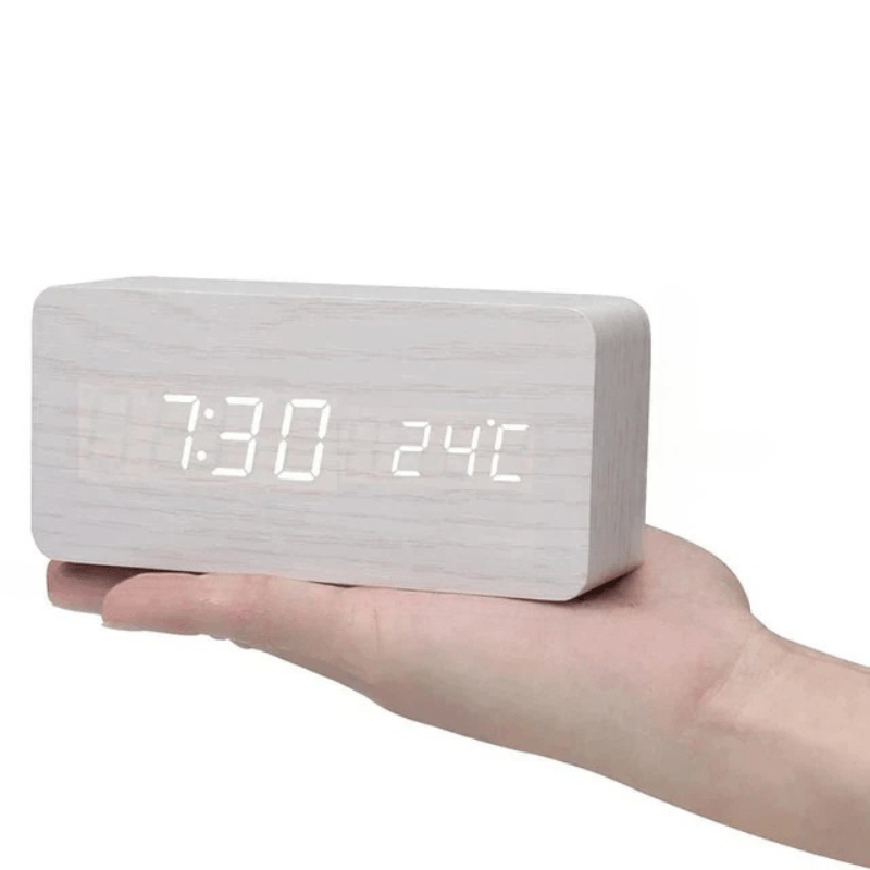 Wooden LED Desk Clock with Voice Control and Temperature Display
