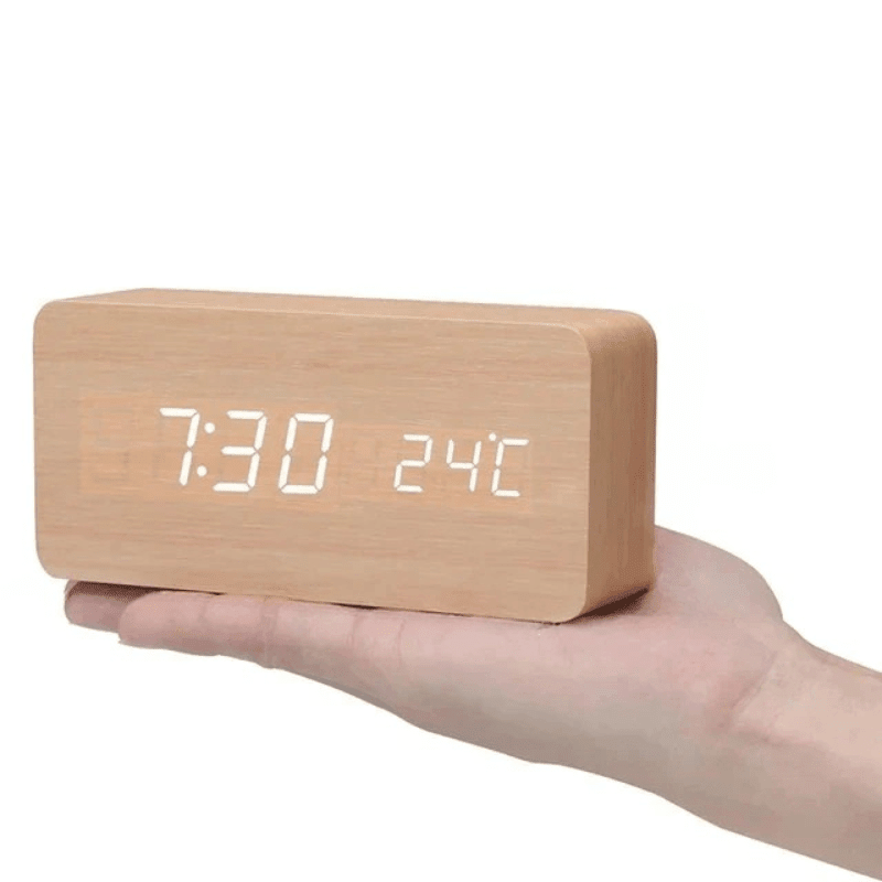 Wooden LED Desk Clock with Voice Control and Temperature Display