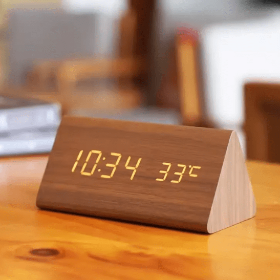 Wooden LED Desk Clock with Voice Control and Temperature Display