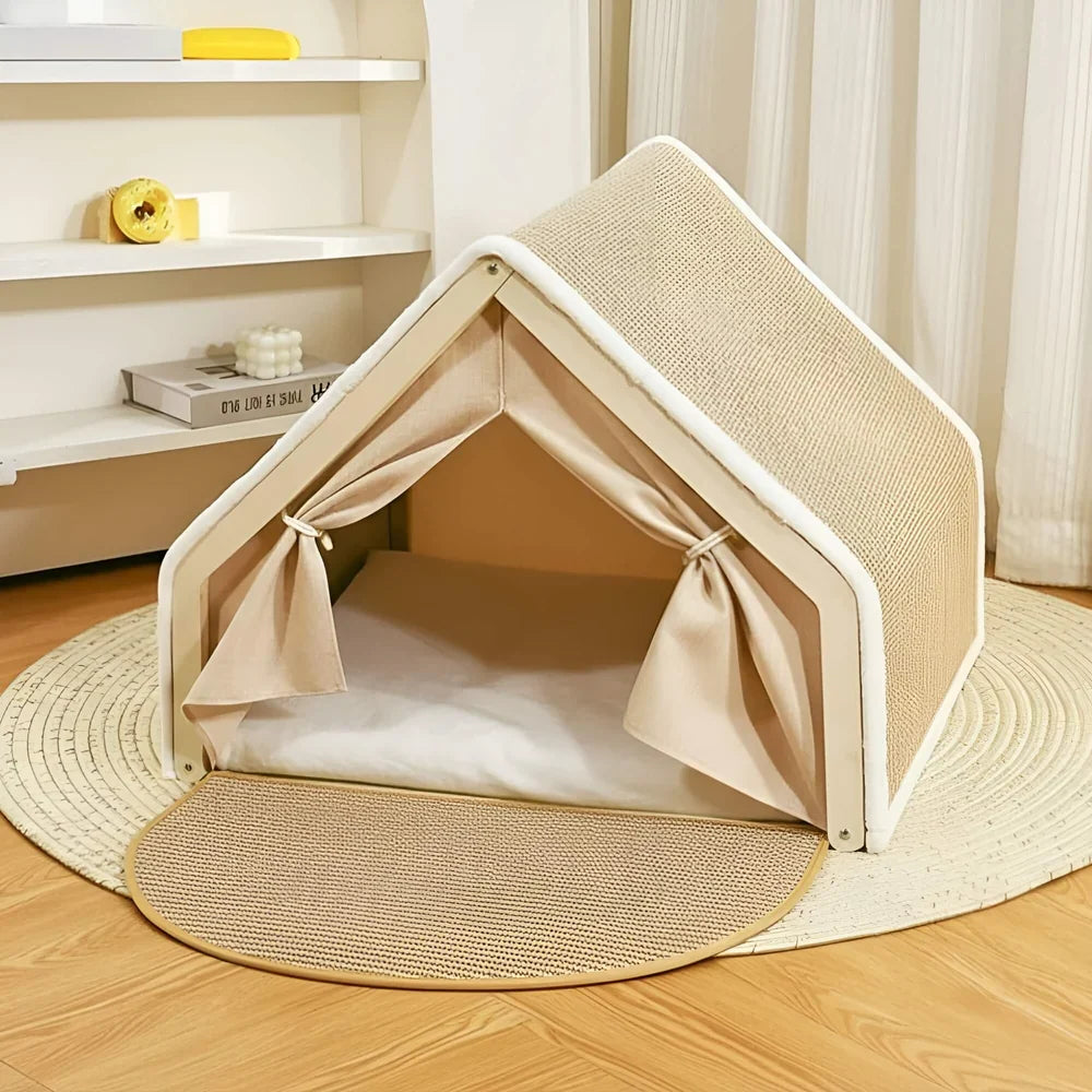 Enclosed Cat Shelter Bed with Scratching Post and Tent Design