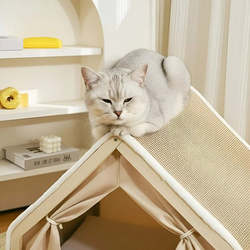 Enclosed Cat Shelter Bed with Scratching Post and Tent Design