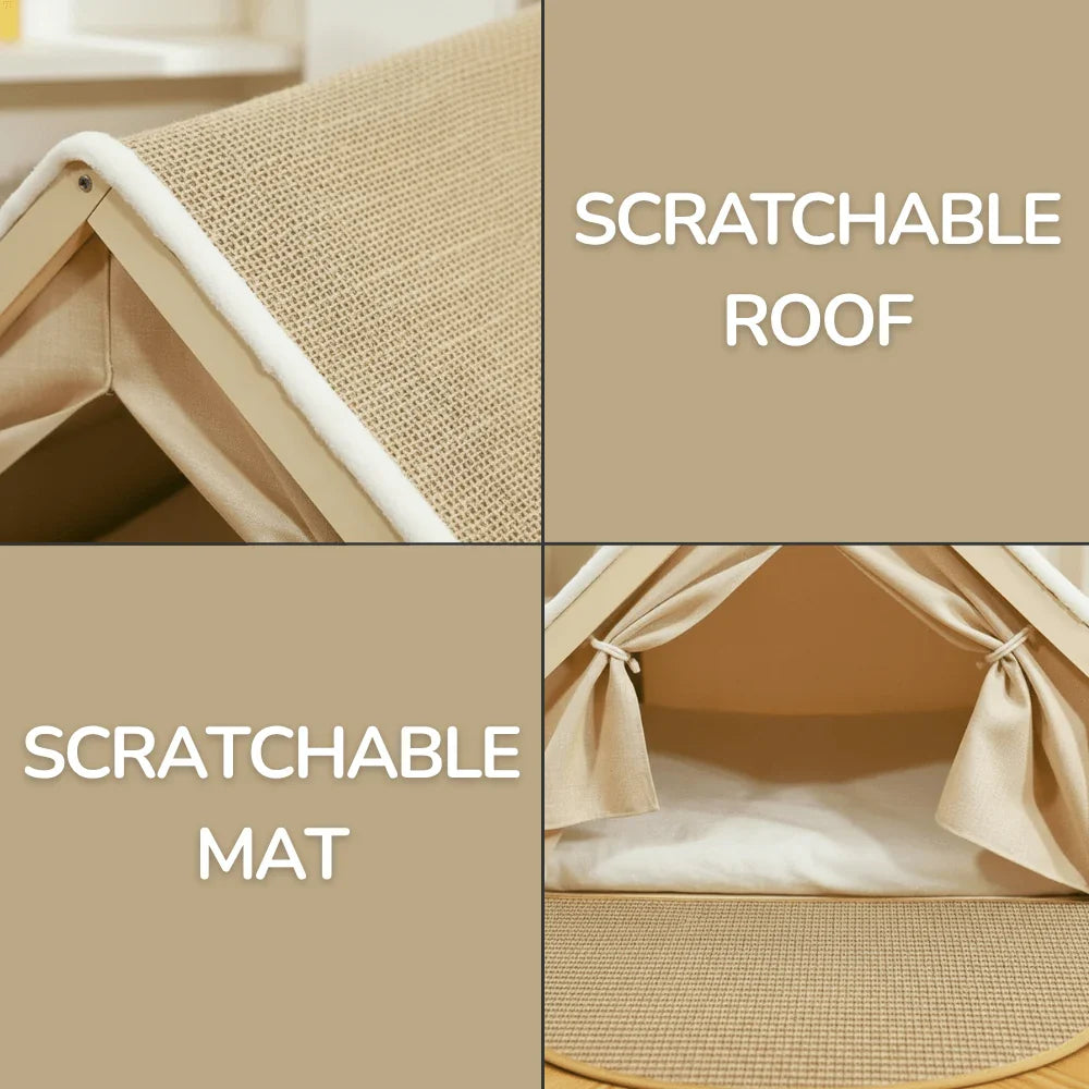 Enclosed Cat Shelter Bed with Scratching Post and Tent Design