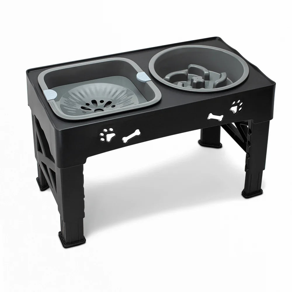 Dog Bowl Stand with Adjustable Height, Slow Feeder and Water Dish Set