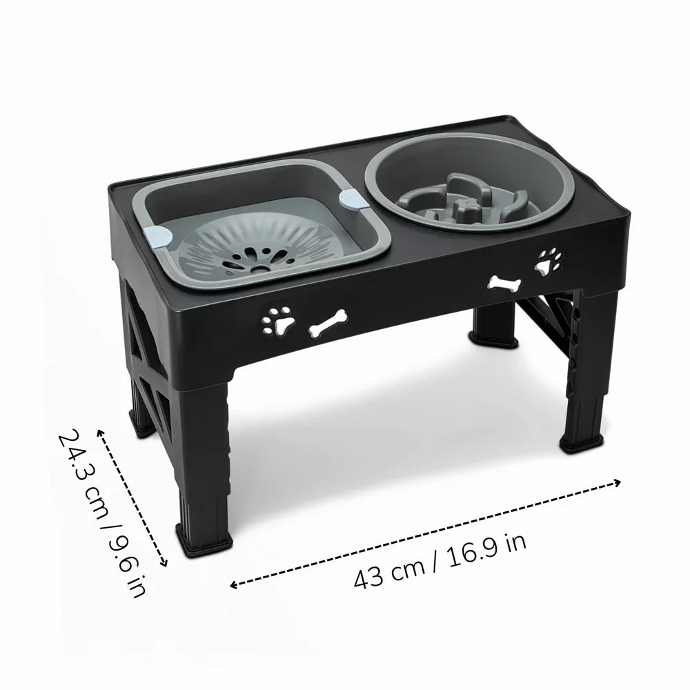 Dog Bowl Stand with Adjustable Height, Slow Feeder and Water Dish Set